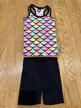 Pixielane Rainbow Mermaid Scale Tank with Black Bike Shorts set 2T